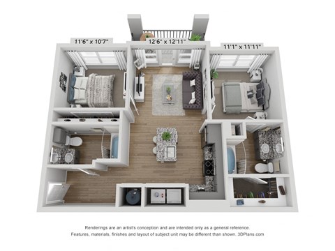 Floor plan for 2 beds, 2 baths, 969 sqft
